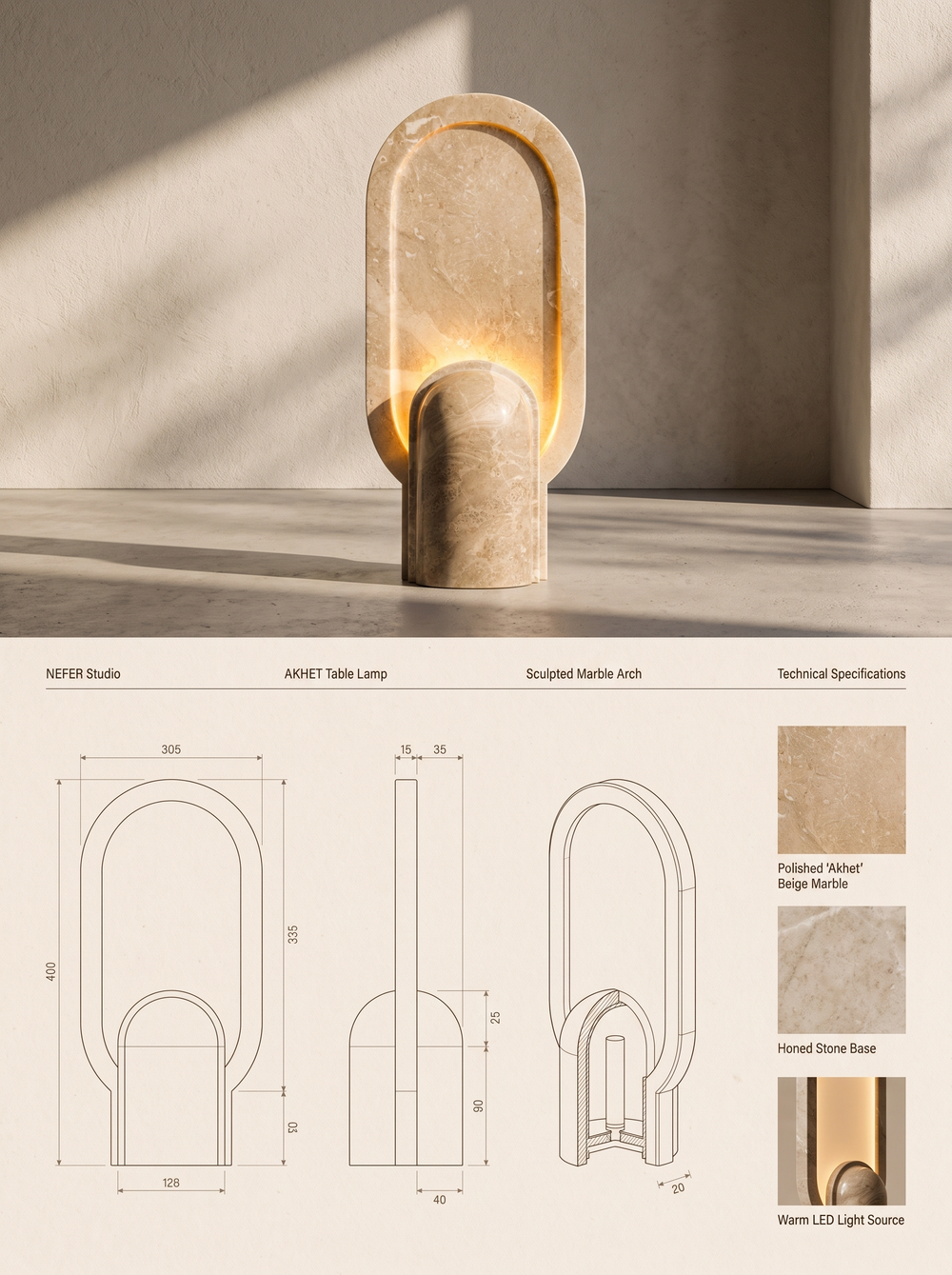 AKHET Table Lamp — specification plate: lifestyle photograph, orthographic drawings with dimensions, and material swatches