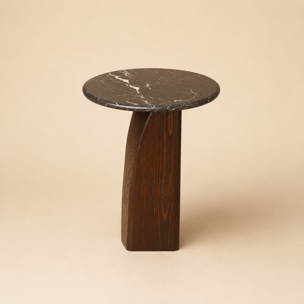 KEMET Side Table — a Spanish black marble top on a natural pine base