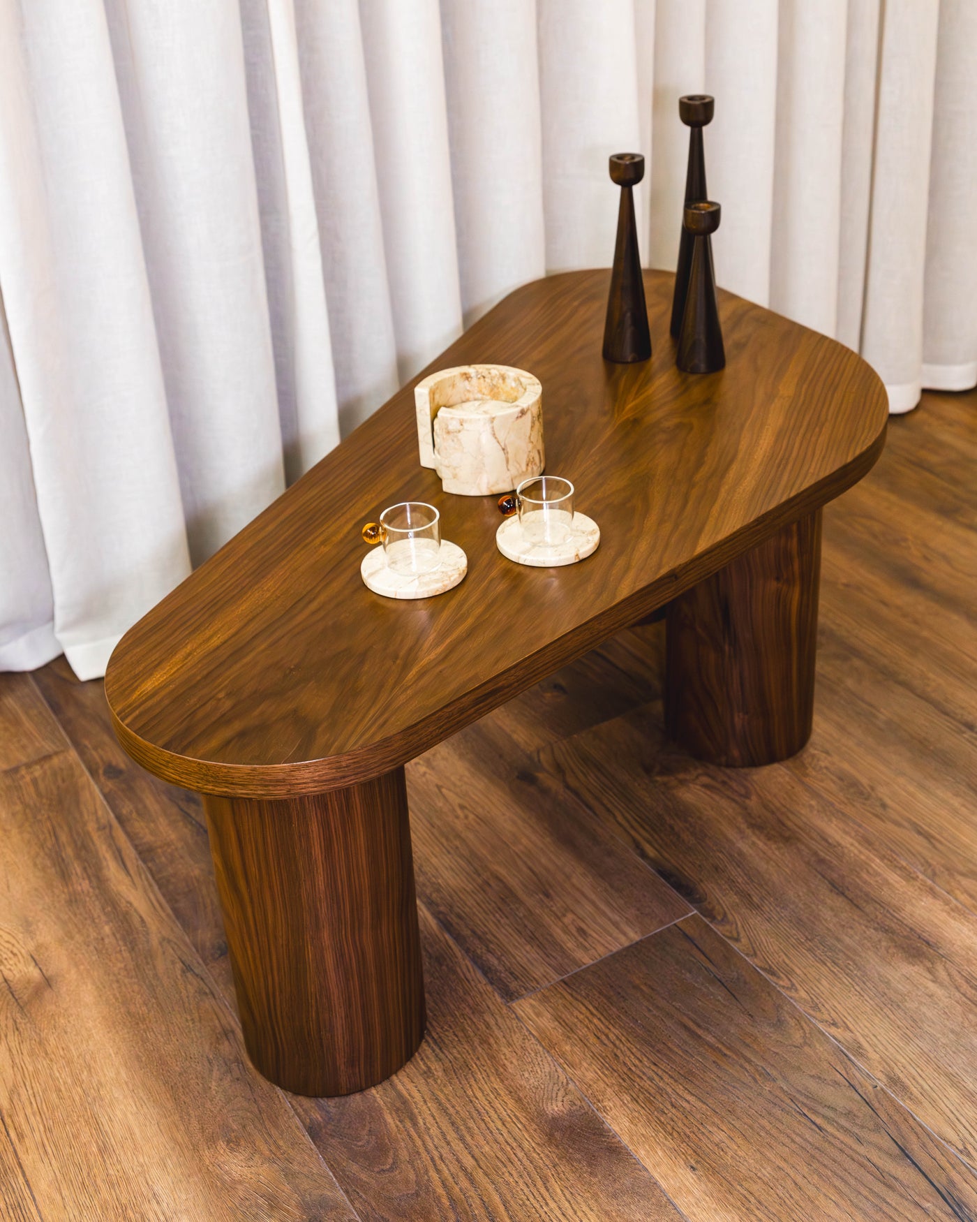 ORGANIC Coffee Table — free-form top on three turned cylindrical legs, view 2