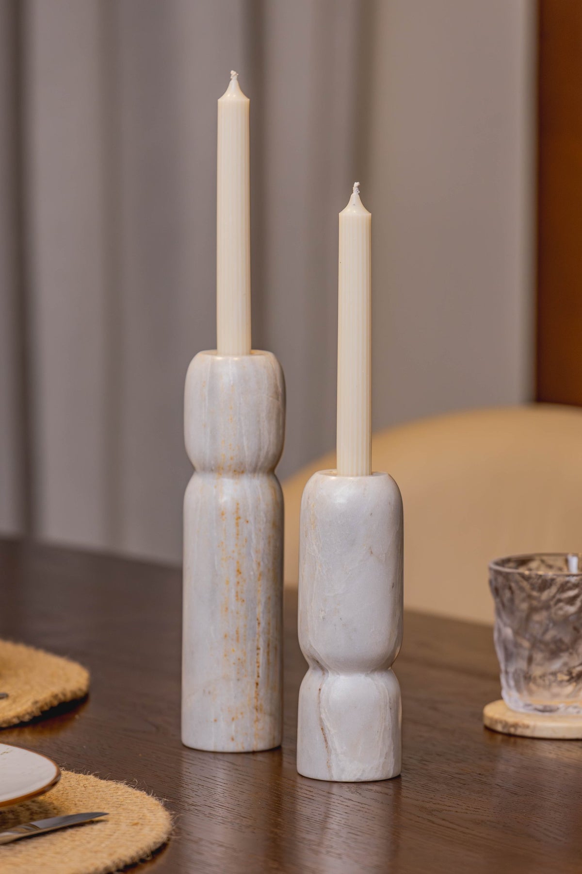 04-room | FLAMME Candle Holders — lit on a dining table