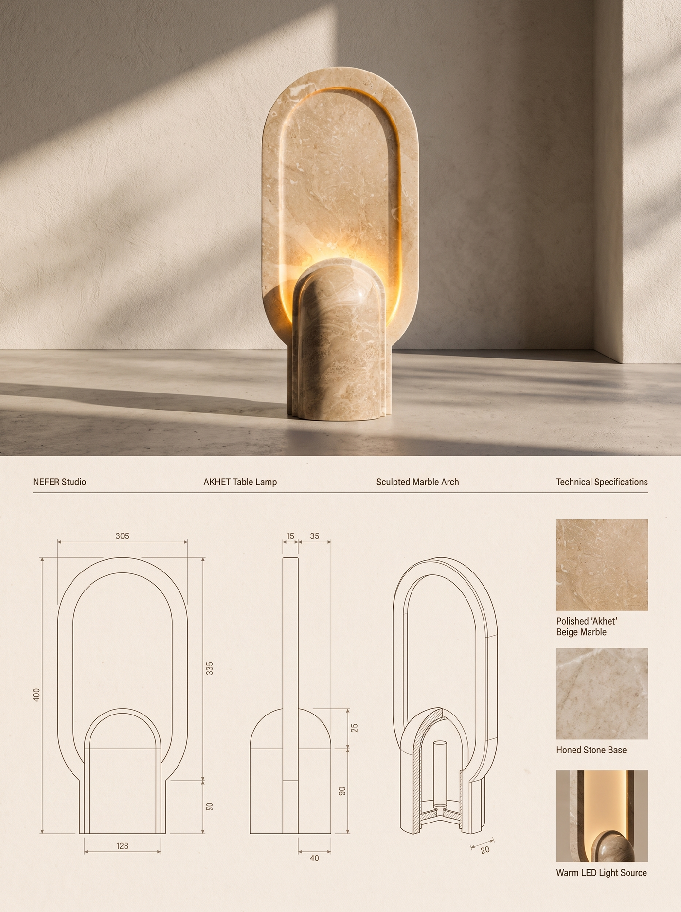 AKHET Table Lamp — specification plate: lifestyle photograph, orthographic drawings with dimensions, and material swatches
