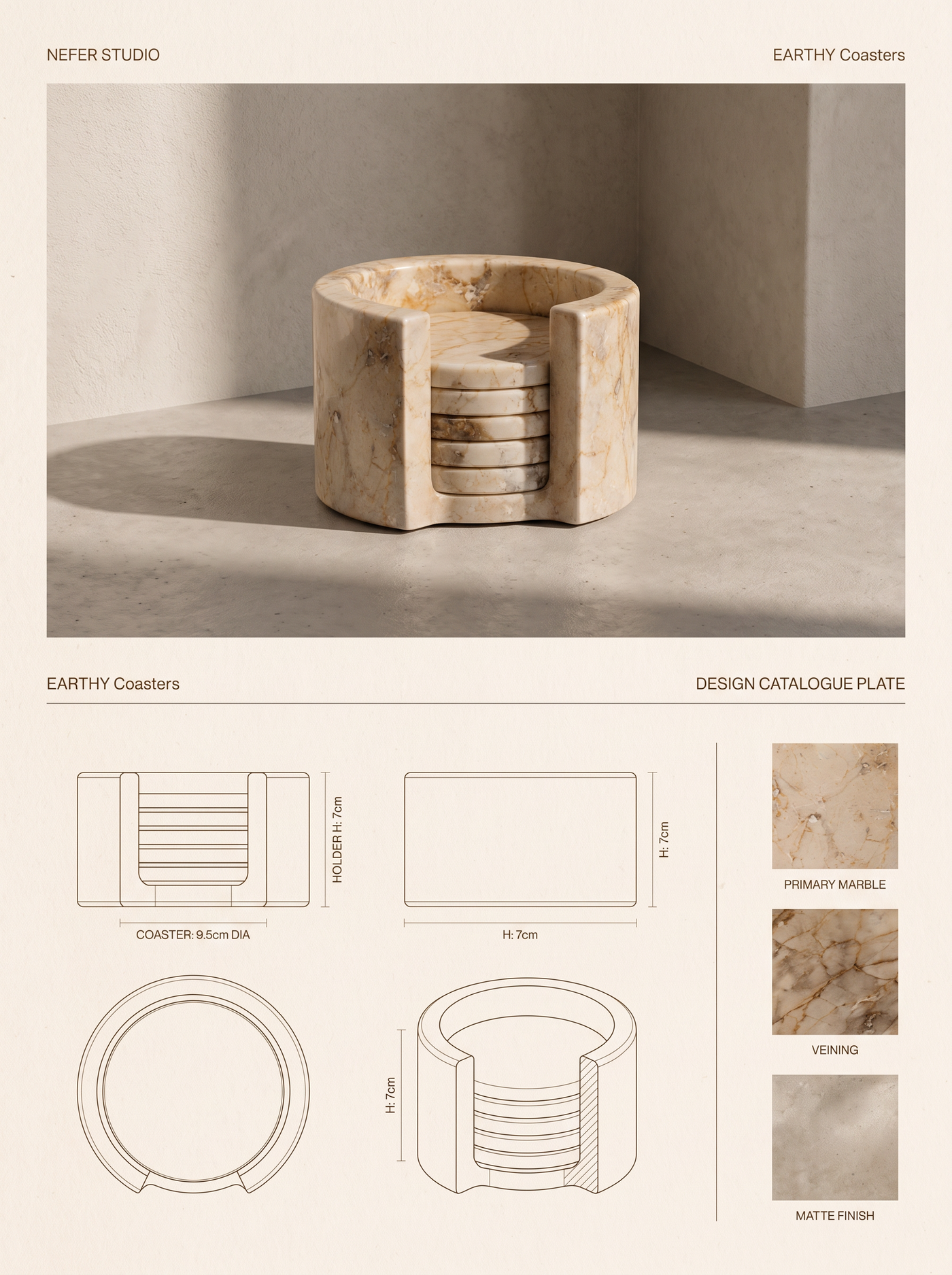 EARTHY Coasters — specification plate: lifestyle photograph, orthographic drawings with dimensions, and material swatches