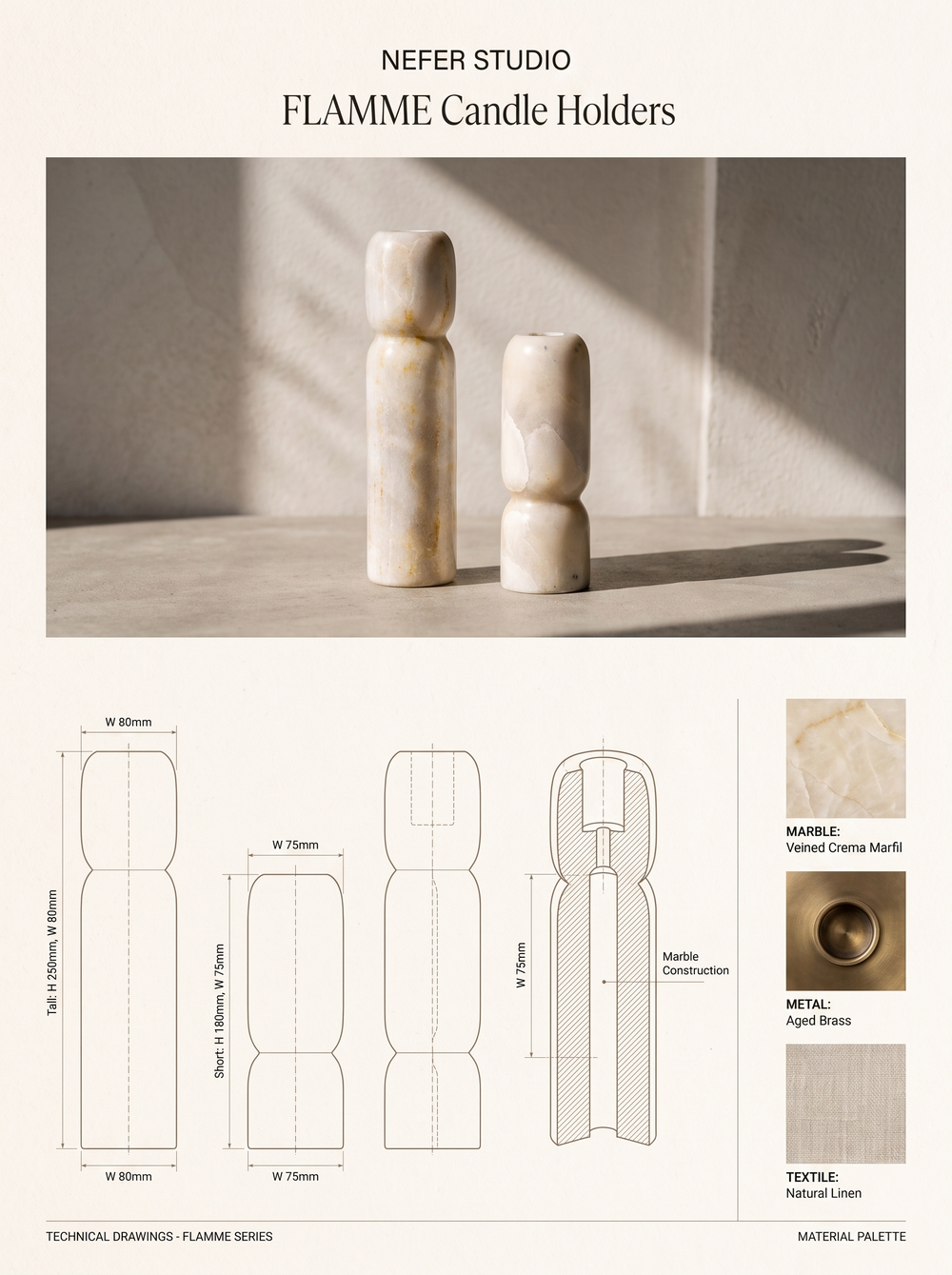 FLAMME Candle Holders — specification plate: lifestyle photograph, orthographic drawings with dimensions, and material swatches