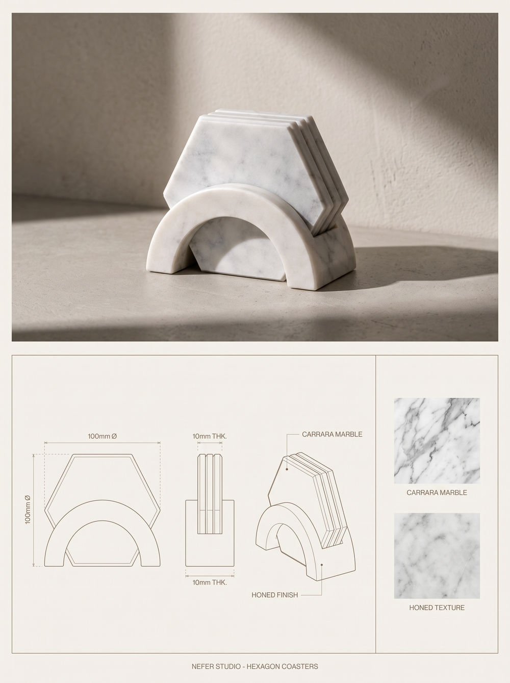 HEXAGON Coasters — specification plate: lifestyle photograph, orthographic drawings with dimensions, and material swatches