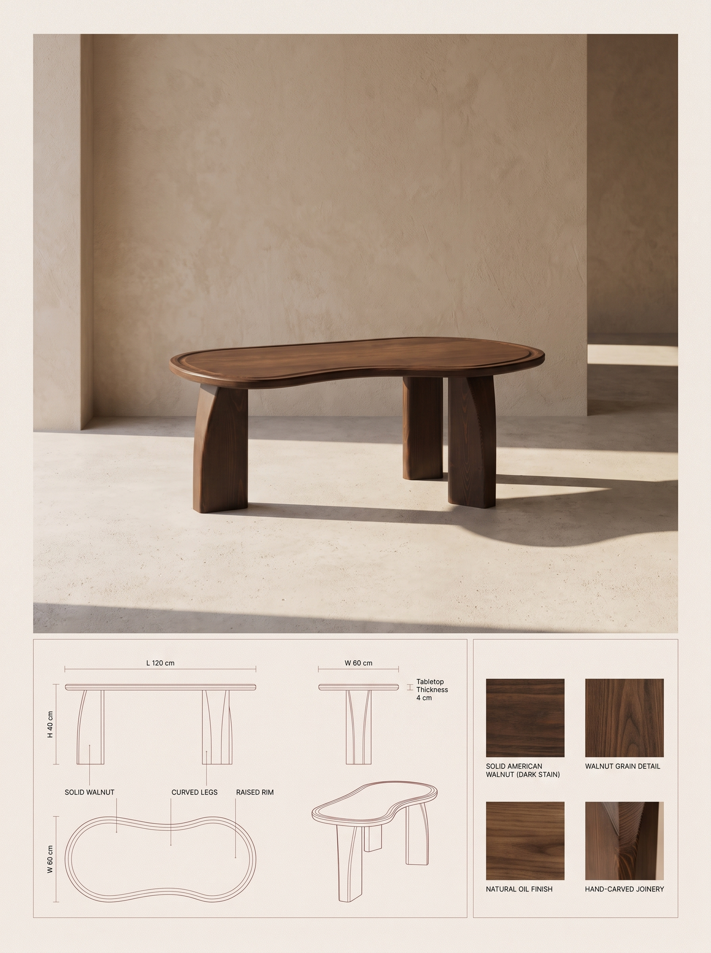 KEMET Coffee Table — specification plate: lifestyle photograph, orthographic drawings with dimensions, and material swatches