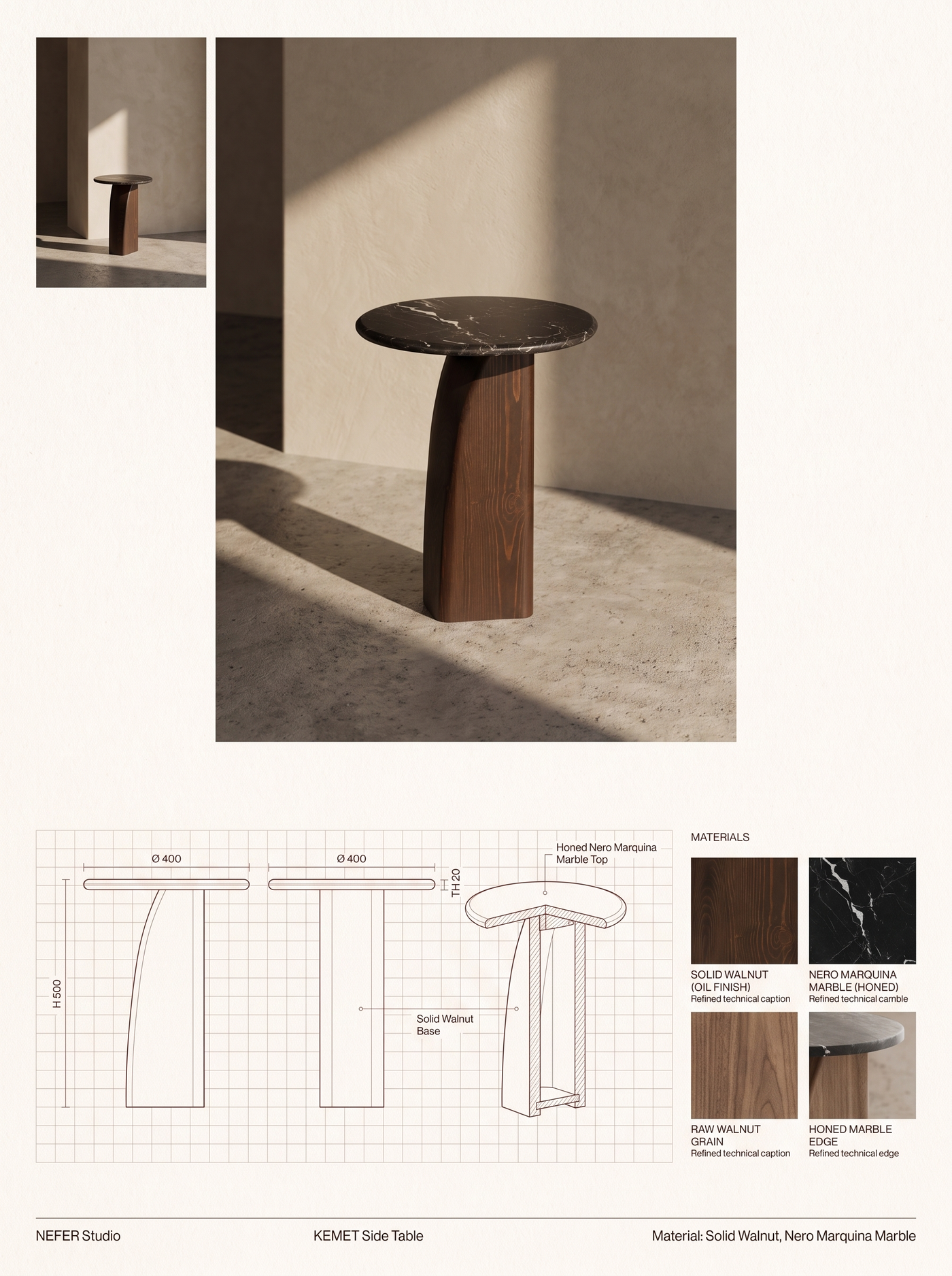 KEMET Side Table — specification plate: lifestyle photograph, orthographic drawings with dimensions, and material swatches