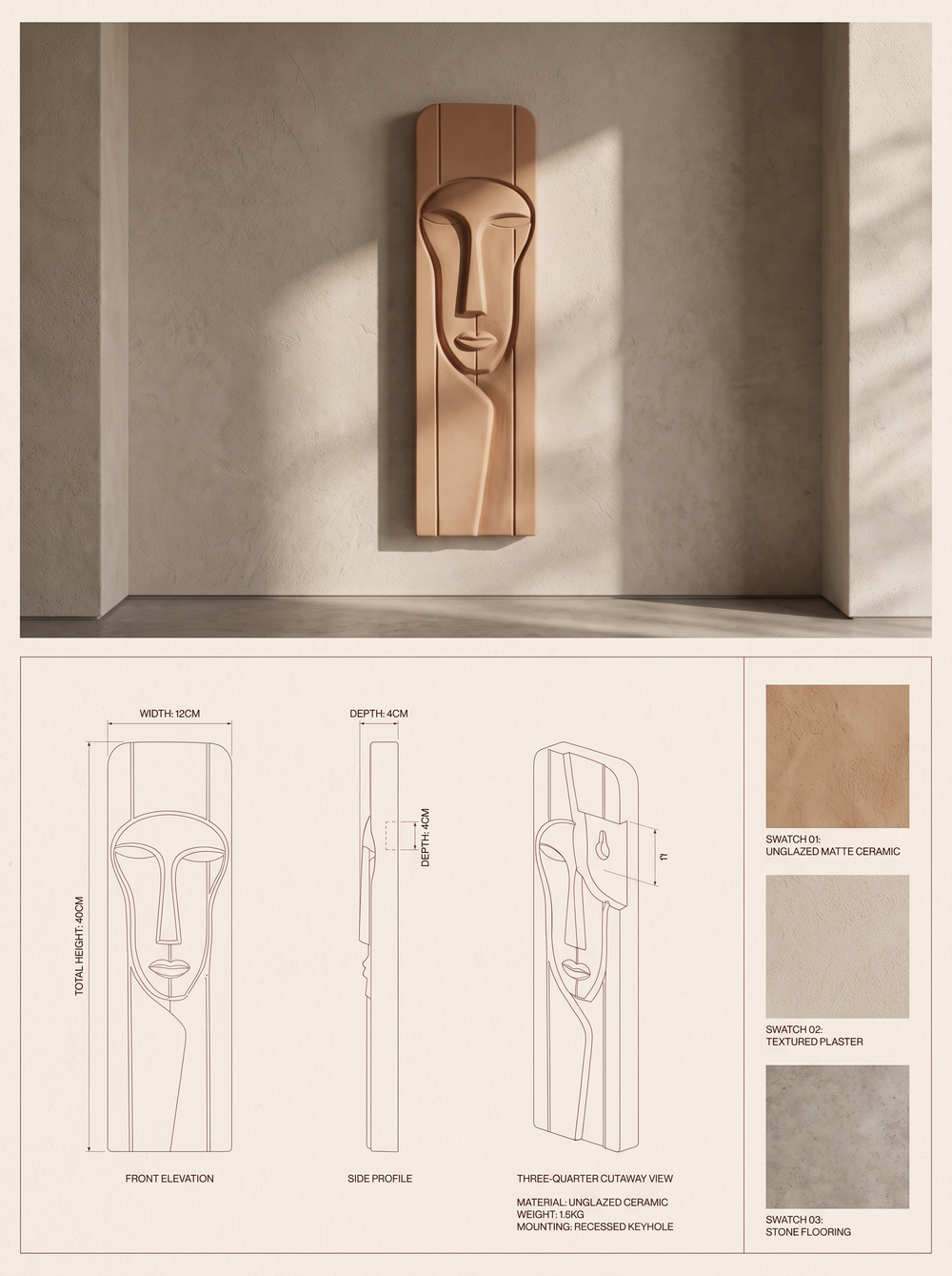 KHEPRI — specification plate: lifestyle photograph, orthographic drawings with dimensions, and material swatches