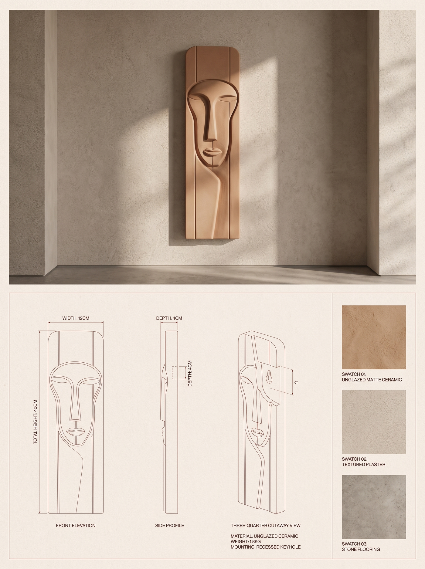 KHEPRI — specification plate: lifestyle photograph, orthographic drawings with dimensions, and material swatches