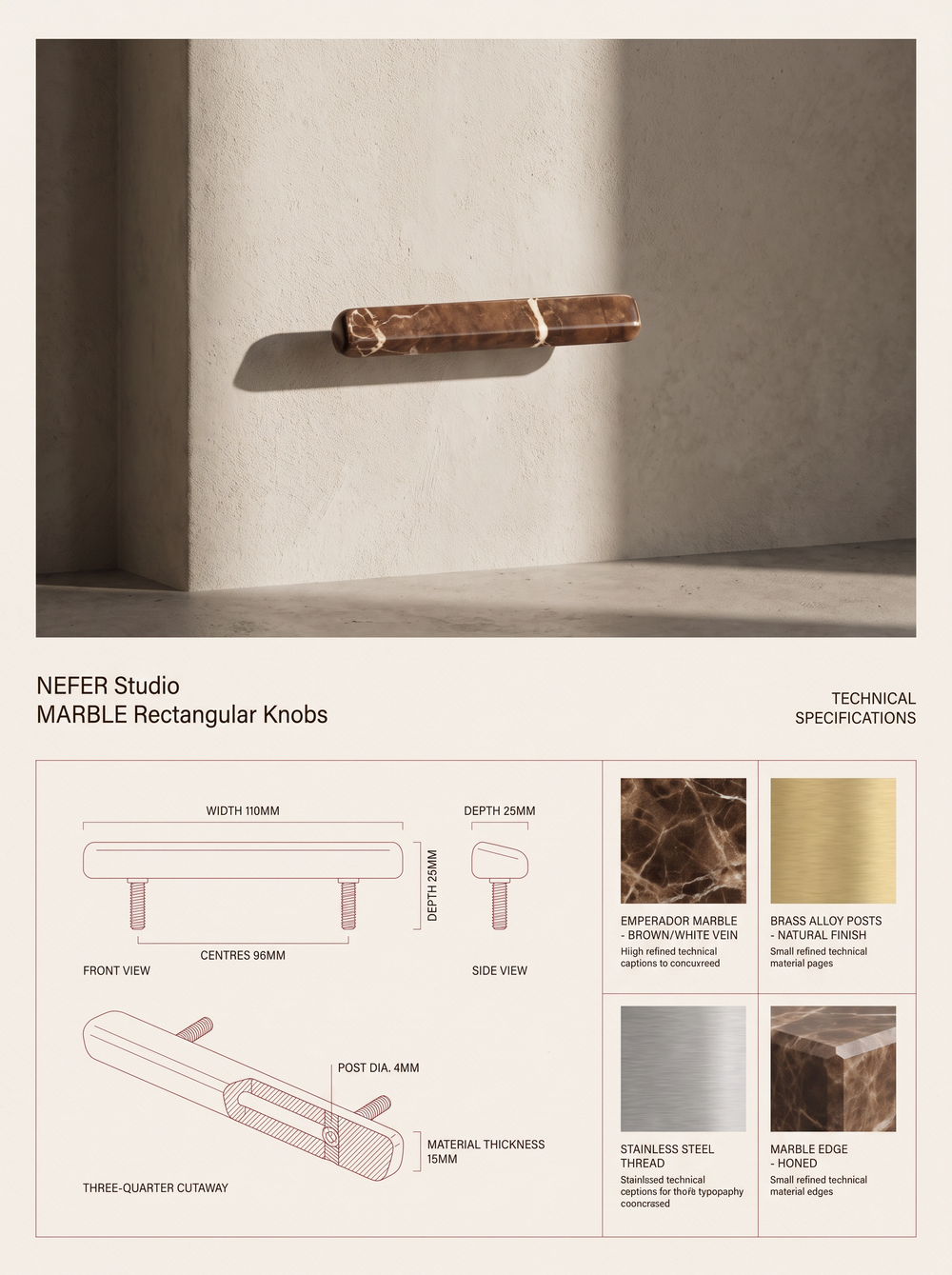 MARBLE Rectangular Knobs — specification plate: lifestyle photograph, orthographic drawings with dimensions, and material swatches