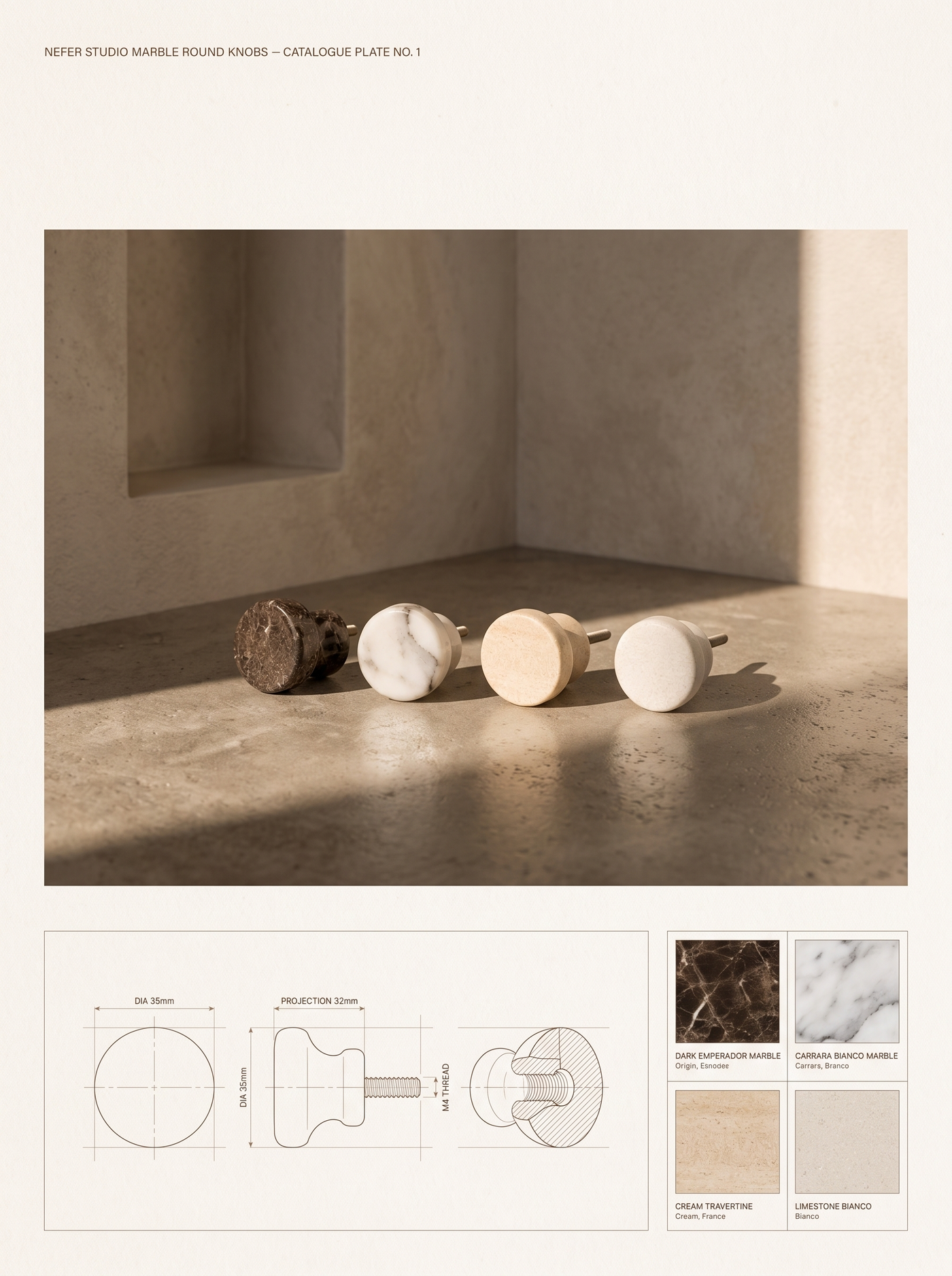 MARBLE Round Knobs — specification plate: lifestyle photograph, orthographic drawings with dimensions, and material swatches