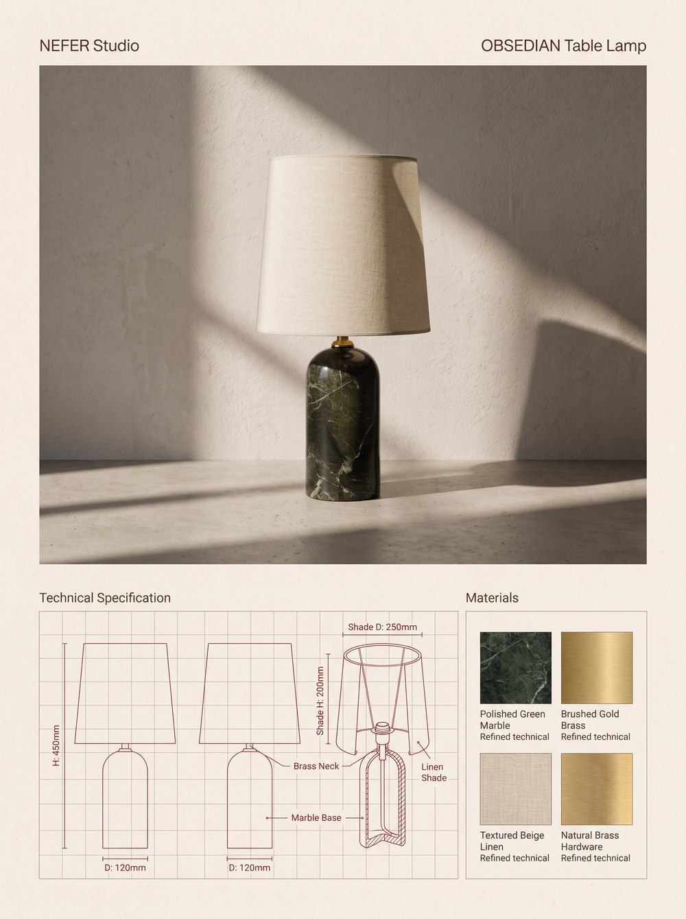 OBSEDIAN Table Lamp — specification plate: lifestyle photograph, orthographic drawings with dimensions, and material swatches