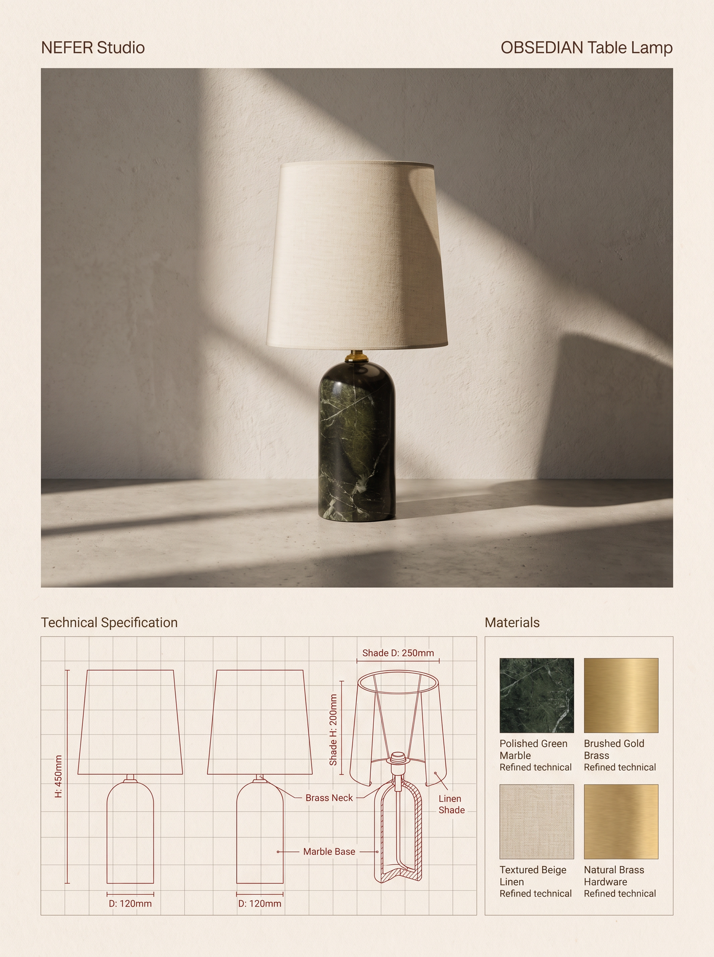 OBSEDIAN Table Lamp — specification plate: lifestyle photograph, orthographic drawings with dimensions, and material swatches