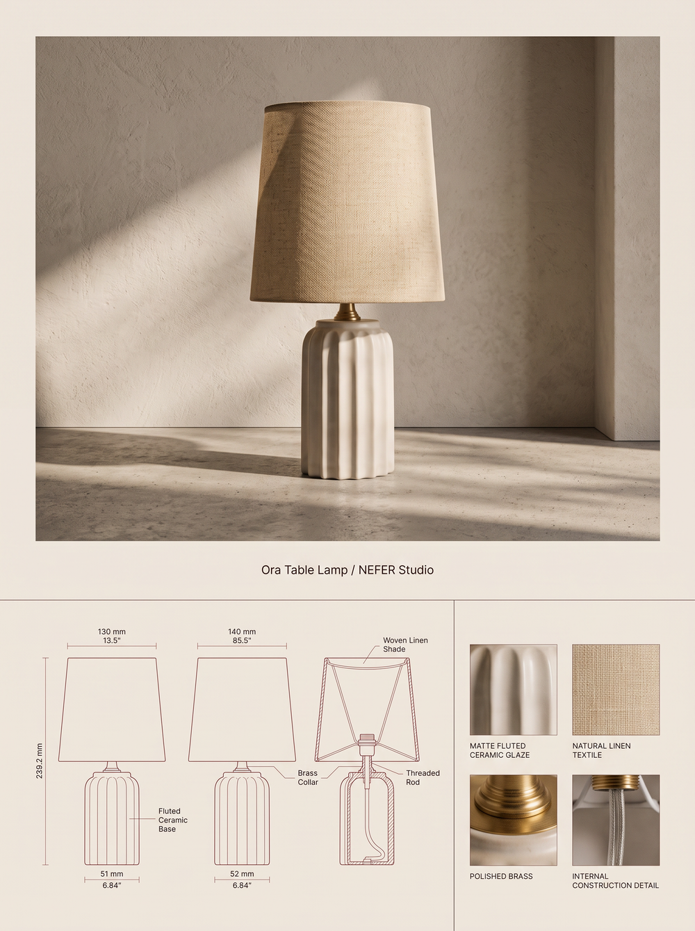 ORA Table Lamp — specification plate: lifestyle photograph, orthographic drawings with dimensions, and material swatches