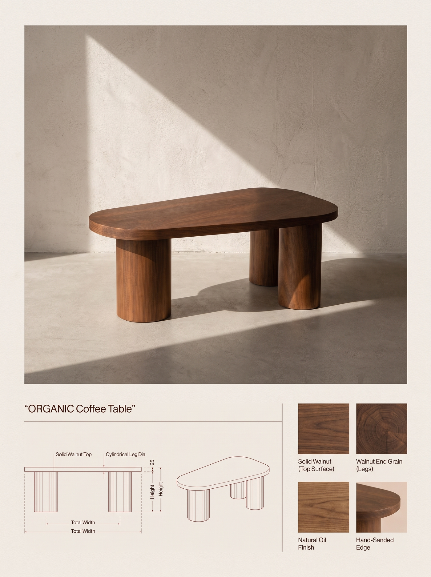 ORGANIC Coffee Table — specification plate: lifestyle photograph, orthographic drawings with dimensions, and material swatches