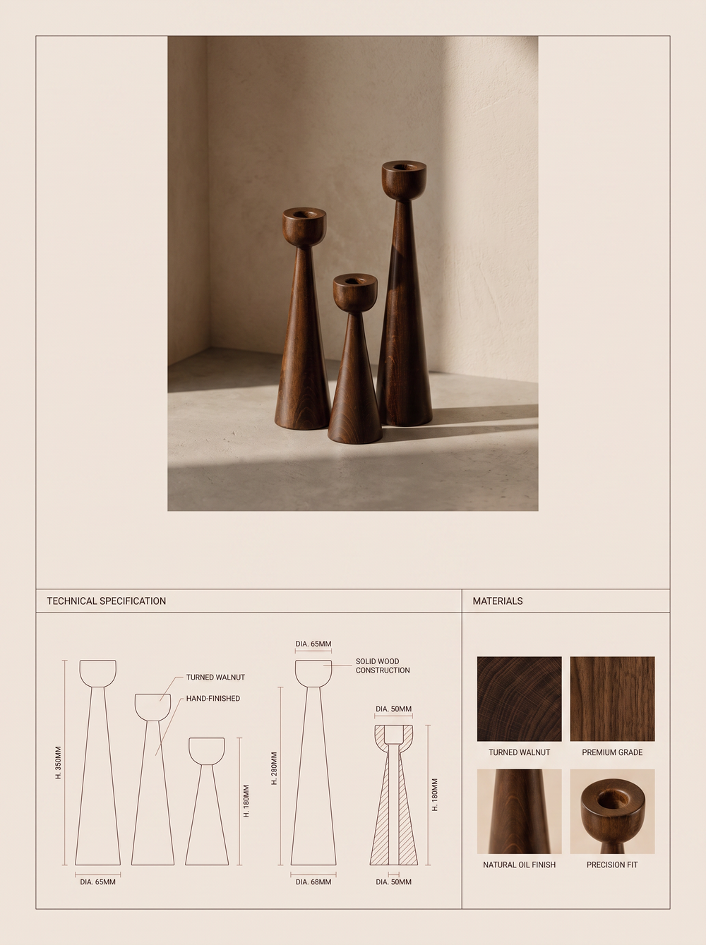 SOLNE Candle Holder — specification plate: lifestyle photograph, orthographic drawings with dimensions, and material swatches