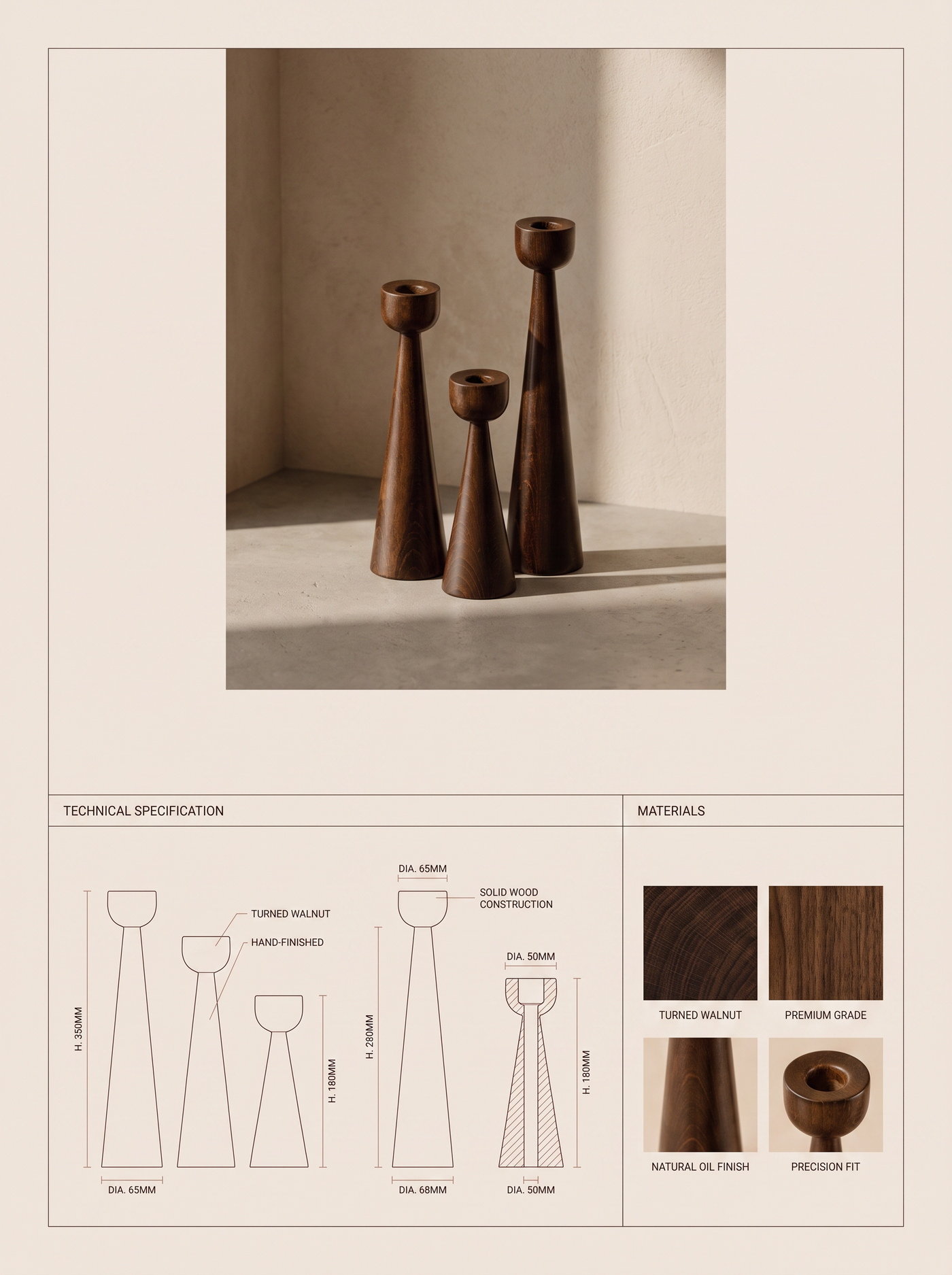 SOLNE Candle Holder — specification plate: lifestyle photograph, orthographic drawings with dimensions, and material swatches