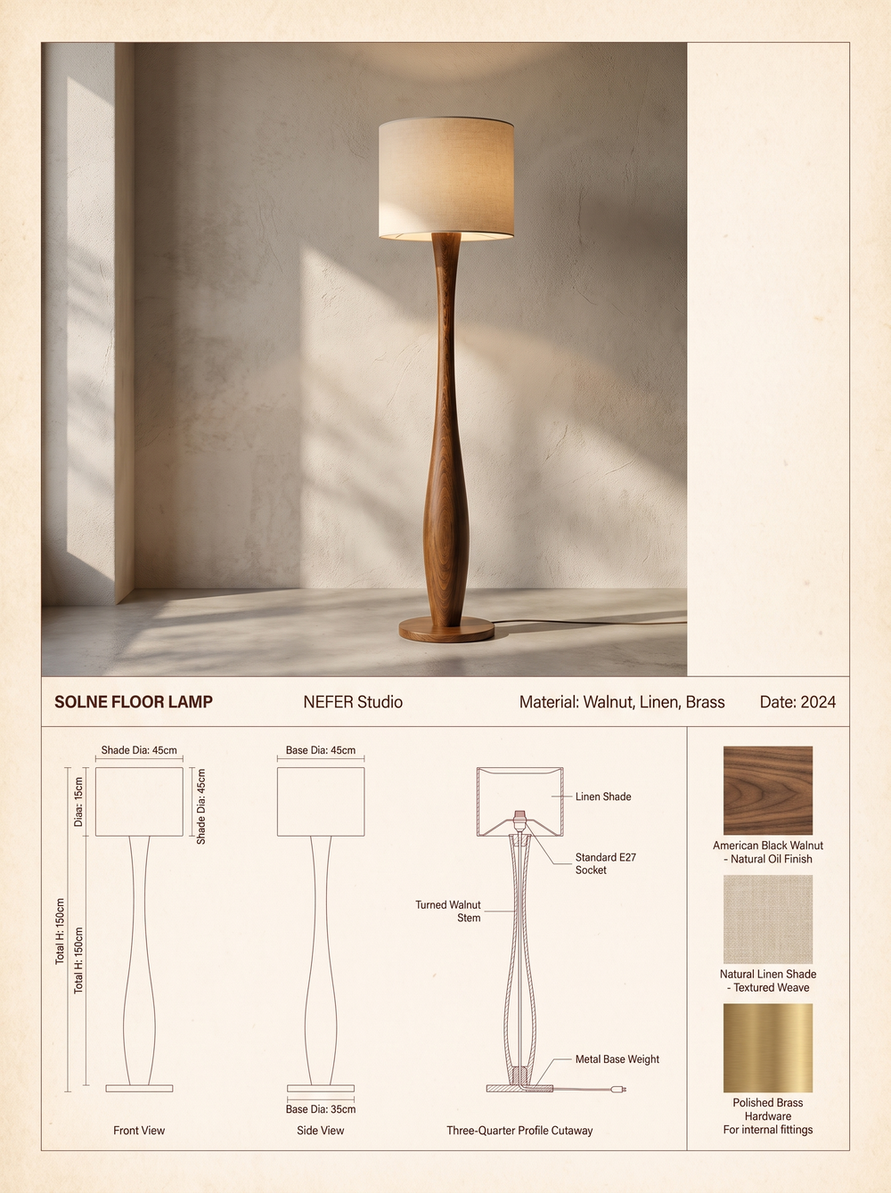 SOLNE Floor Lamp — specification plate: lifestyle photograph, orthographic drawings with dimensions, and material swatches