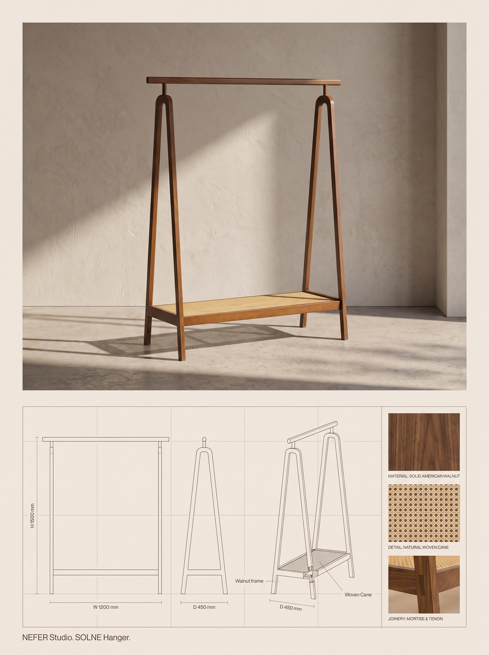 SOLNE Hanger — specification plate: lifestyle photograph, orthographic drawings with dimensions, and material swatches