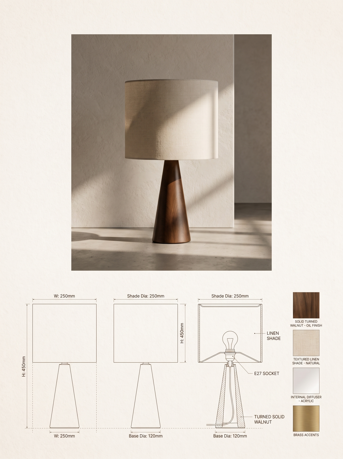 SOLNE Table Lamp — specification plate: lifestyle photograph, orthographic drawings with dimensions, and material swatches