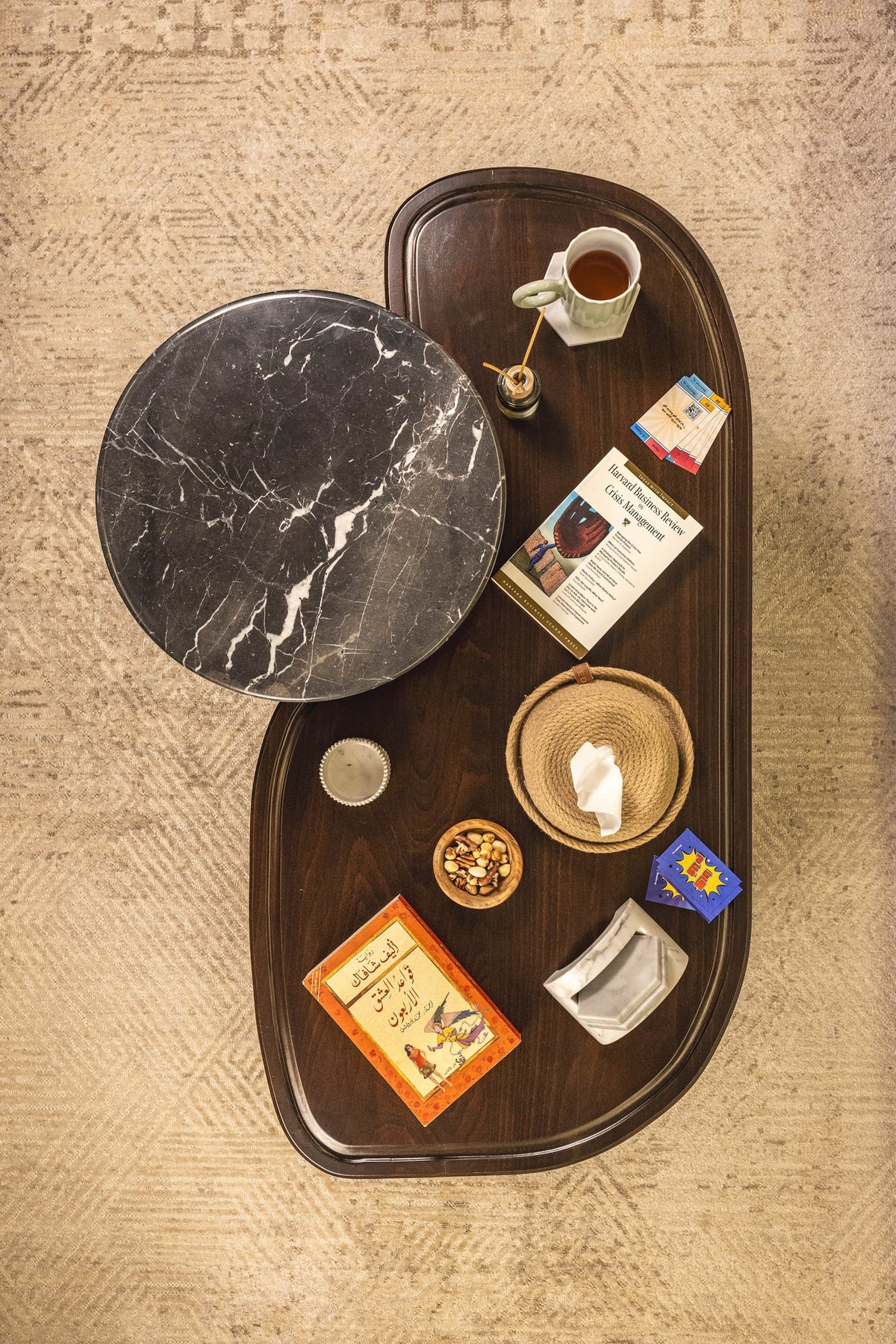 04-room | KEMET Coffee Table — from above, styled with the side table