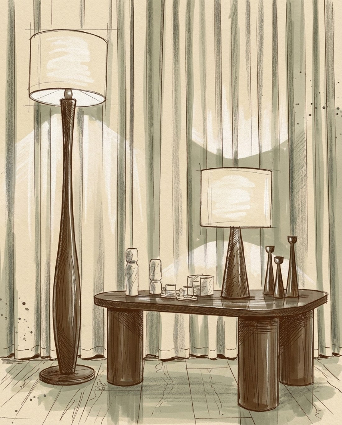 Studio drawing of a walnut console at dusk with the SOLNE Floor Lamp, SOLNE Table Lamp, ORGANIC Coffee Table, FLAMME and SOLNE candle holders and EARTHY marble coasters