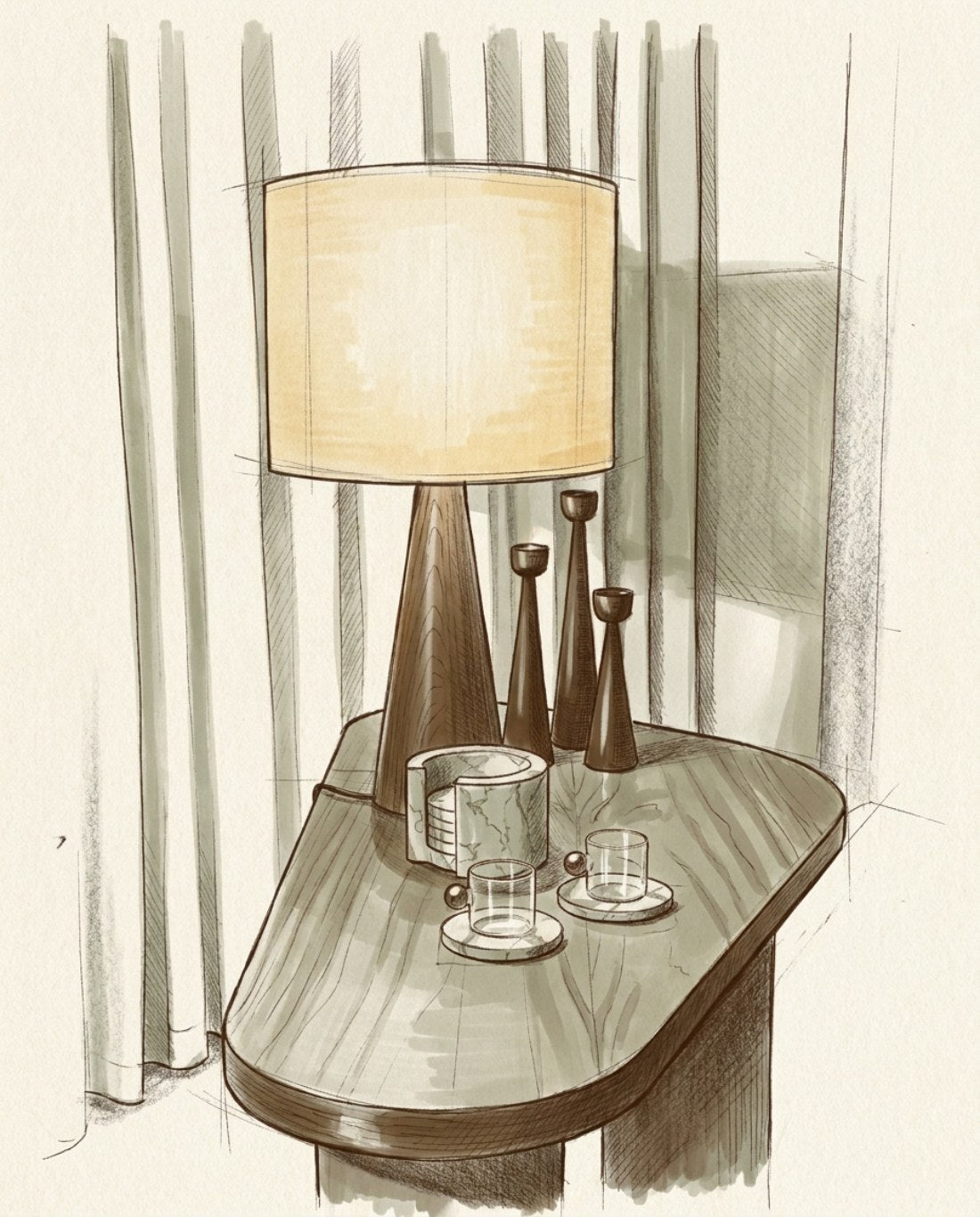 Studio drawing of the KEMET Side Table with the SOLNE Table Lamp, three SOLNE walnut candle holders and EARTHY marble coasters
