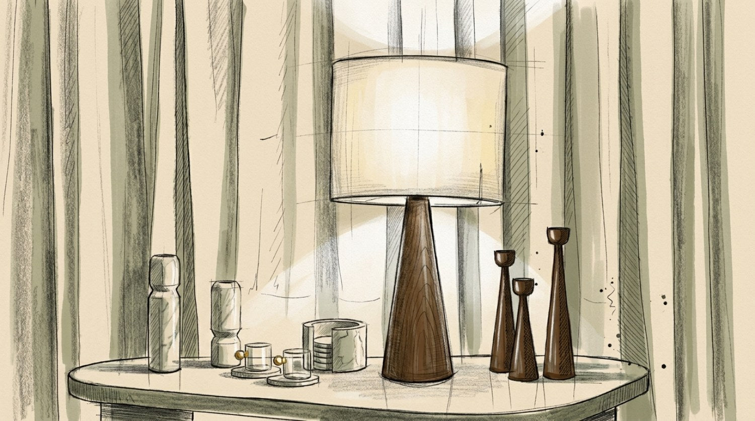 Studio drawing of the SOLNE Table Lamp with FLAMME marble candle holders, EARTHY coasters and three SOLNE walnut candle holders along one surface