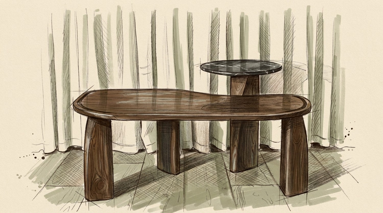 Studio drawing of the KEMET Coffee Table in solid walnut with the marble-topped KEMET Side Table standing behind it