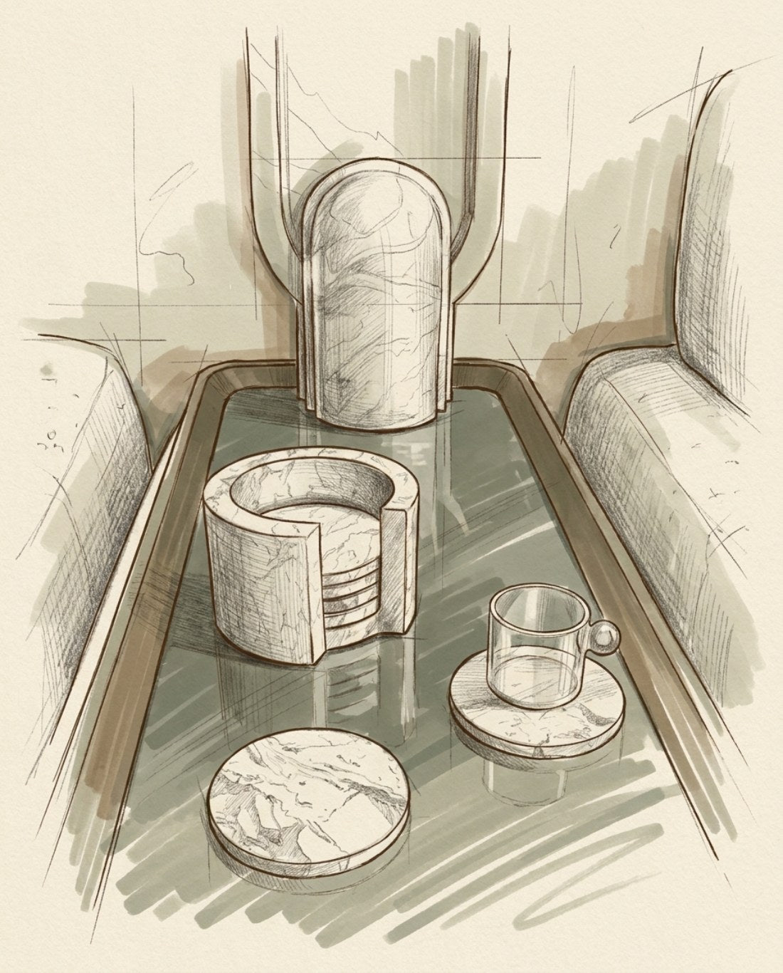 Studio drawing of the AKHET Table Lamp, a sculpted marble arch, beside EARTHY marble coasters on a low tray