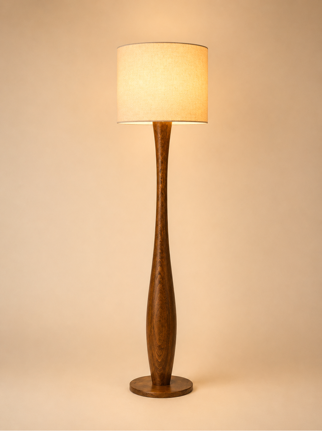 SOLNE Floor Lamp — a turned Romanian beech column under a natural linen shade