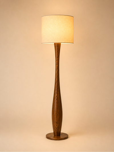 SOLNE Floor Lamp — a turned Romanian beech column under a natural linen shade