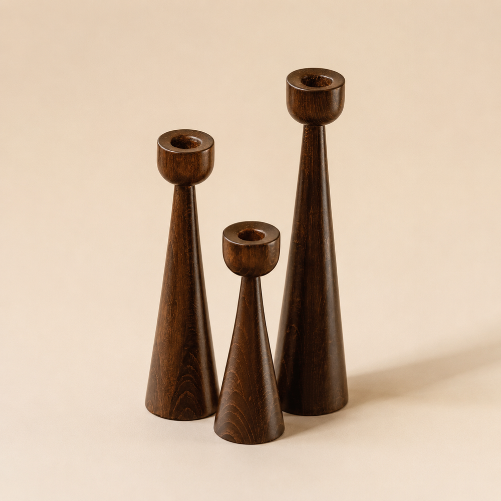 SOLNE Candle Holders — turned Romanian beech holders at three heights