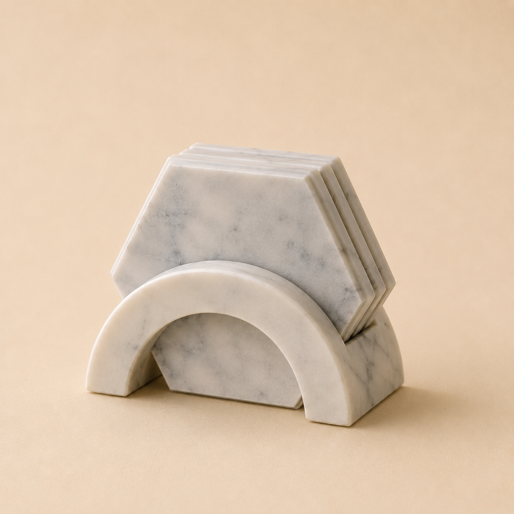 HEXAGON Coasters — four hexagonal Turkish Carrara marble coasters with an arched holder