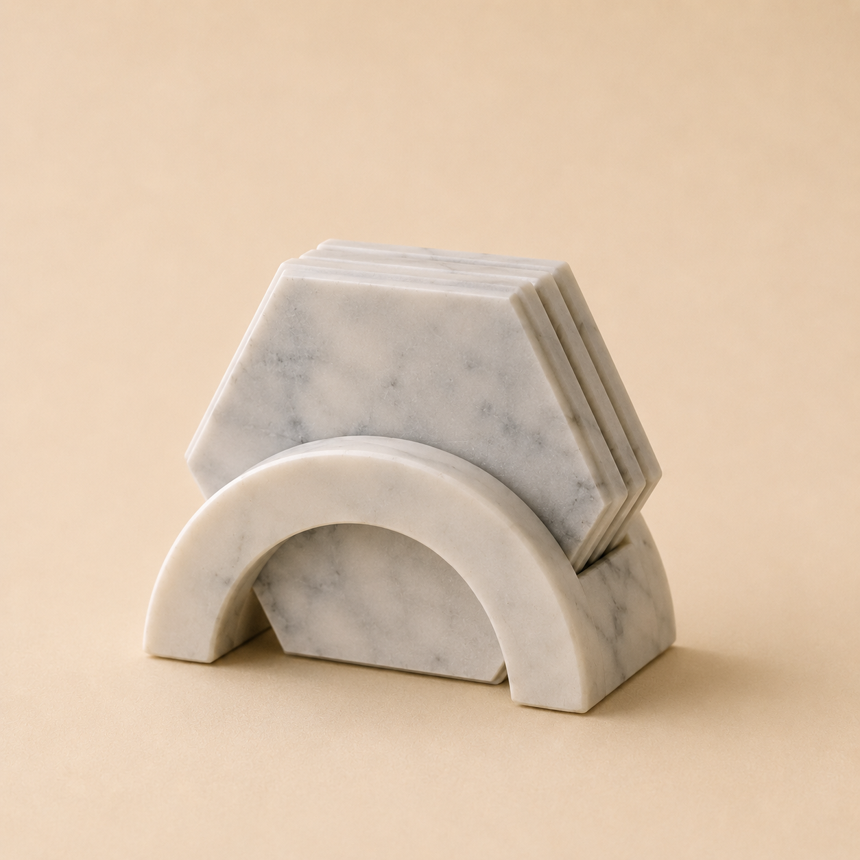 HEXAGON Coasters — four hexagonal Turkish Carrara marble coasters with an arched holder