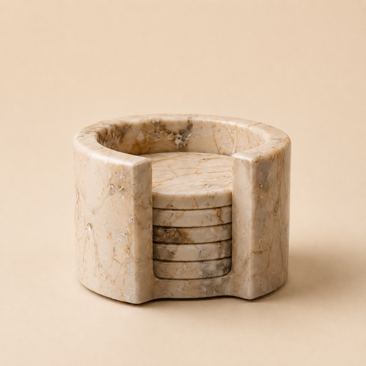 EARTHY Coasters — six round marble coasters with a cylindrical holder