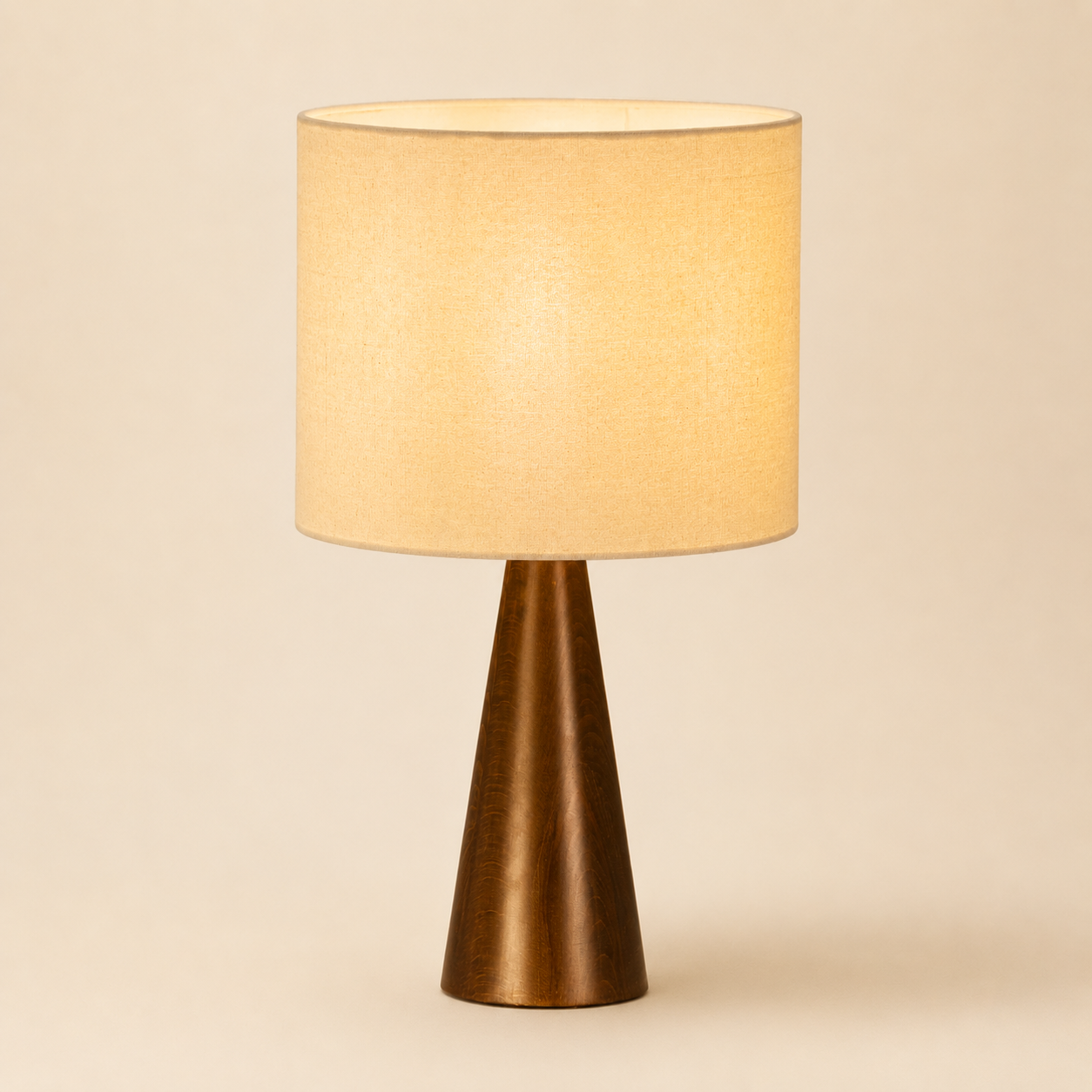 SOLNE Table Lamp — a solid Romanian beech base under a beige linen shade