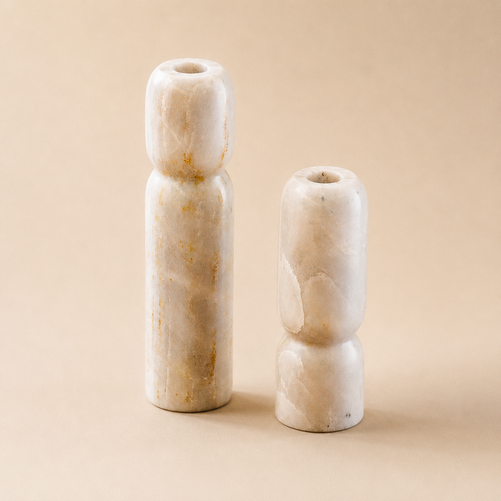 FLAMME Candle Holders — a pair carved from Turkish white marble