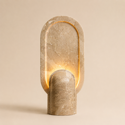 01-hero | AKHET Table Lamp — a sculpted arch of Breccia Daino marble