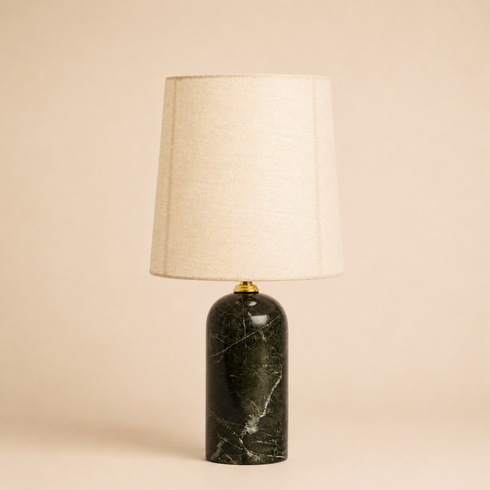 OBSEDIAN Table Lamp — a deep green Indian marble base under a beige linen shade