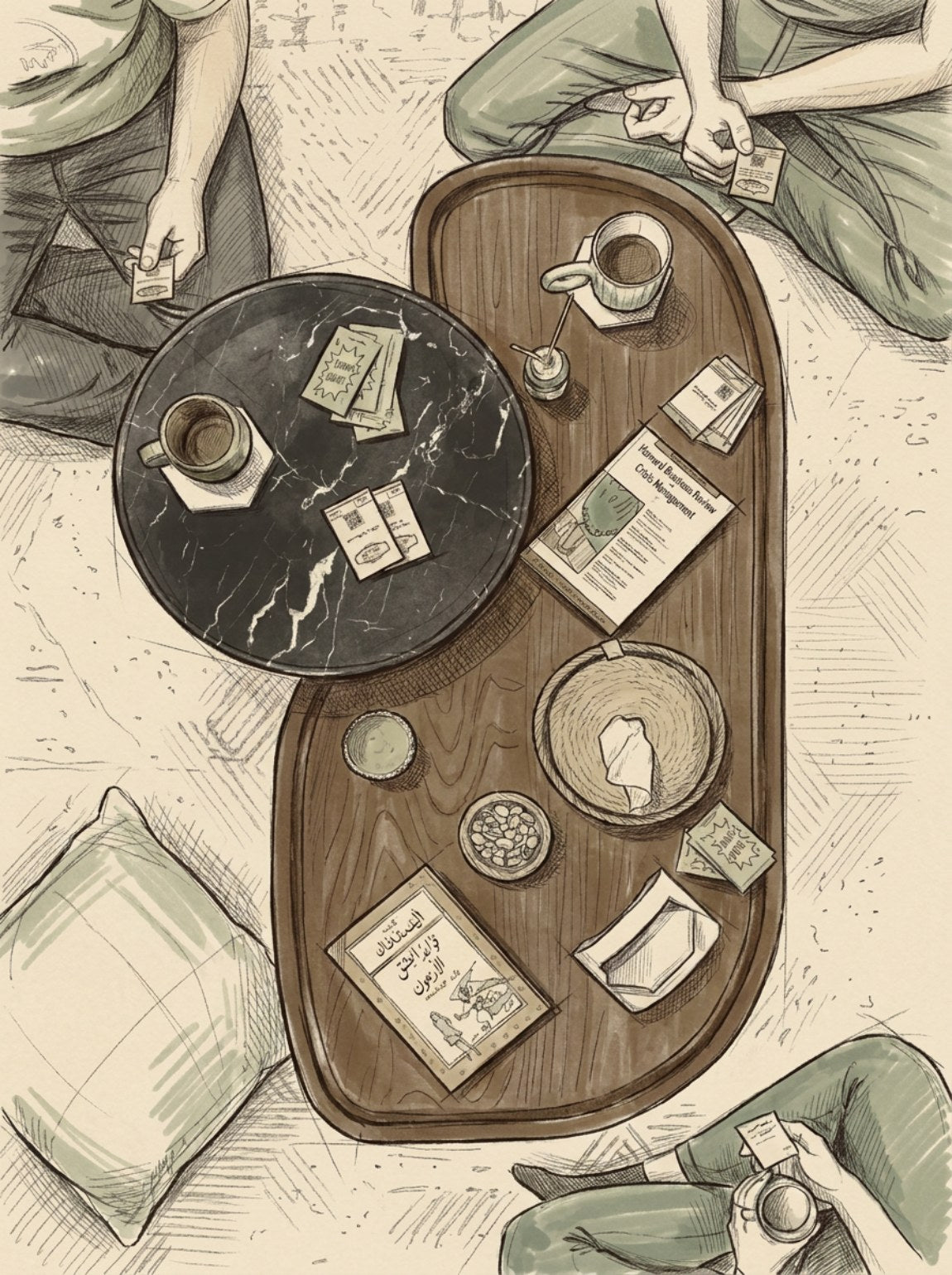 Studio drawing of four people around a NEFER table, seen from above