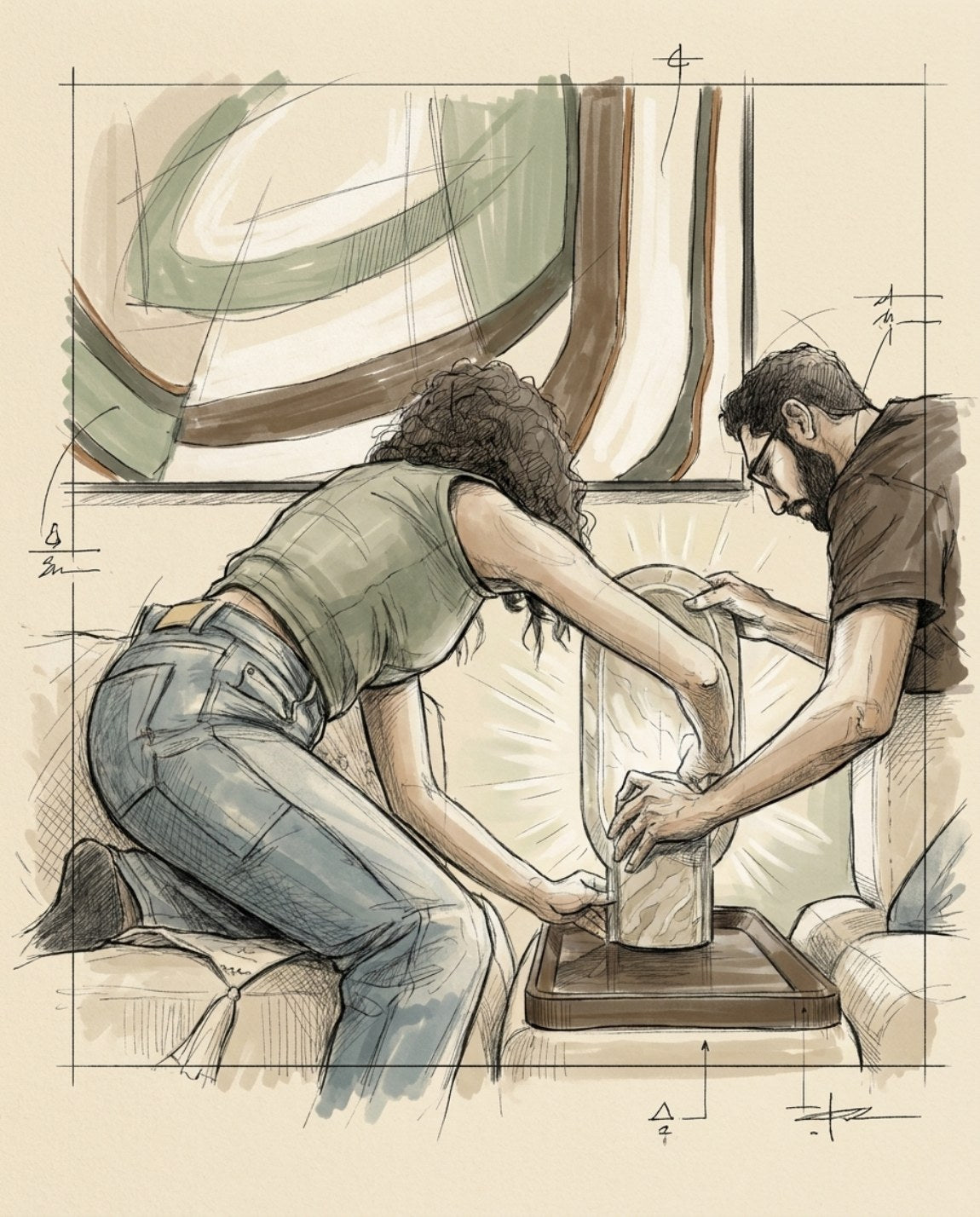 Studio drawing of two makers fitting a marble base, dimension marks still on the sheet