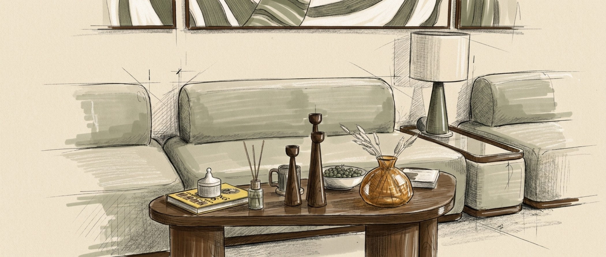 Studio drawing of the sitting room the NEFER pieces were drawn for